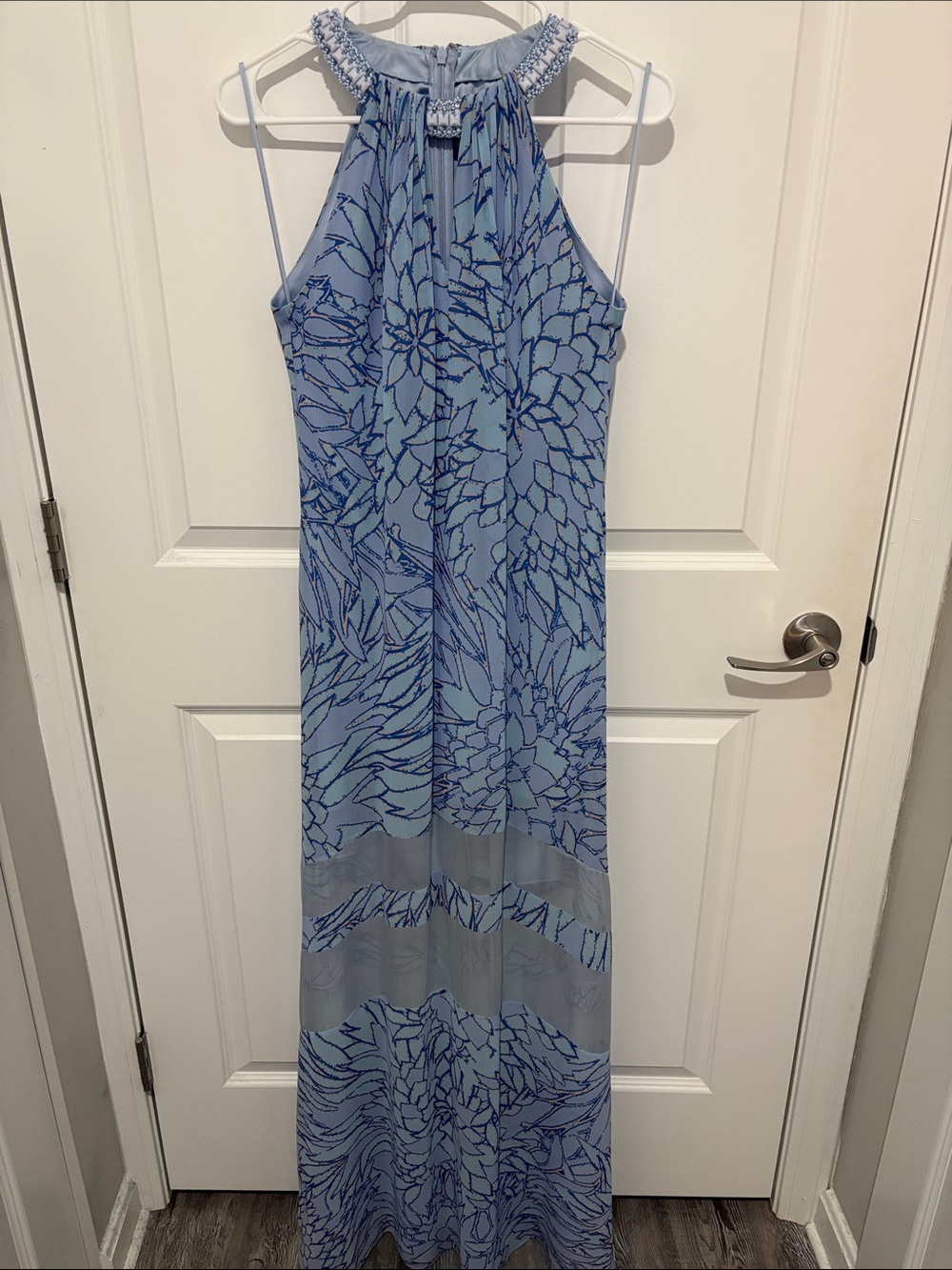 Badgley Mischka Sky Blue Floral Halter Maxi Dress